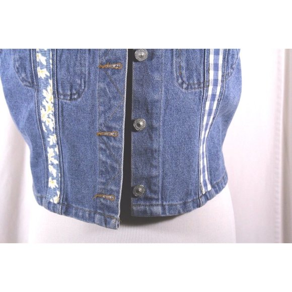 Blue Denim Yellow Vest Metal Floral Embelishment THREADS ON THREADS Size M L - Picture 3 of 6